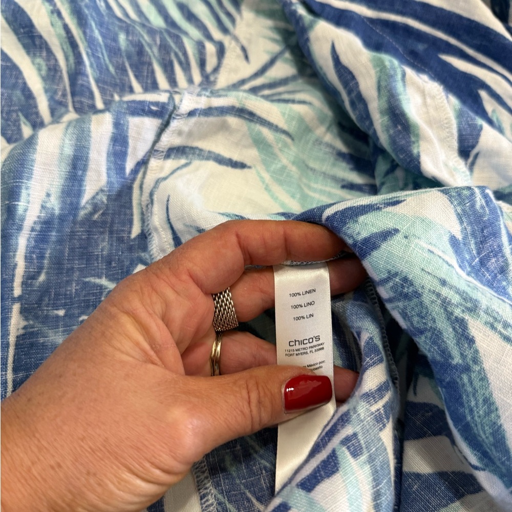 Chico’s Tropical Blue Leaf Print 100% linen open cardigan in size XL (3) - Picture 13 of 13